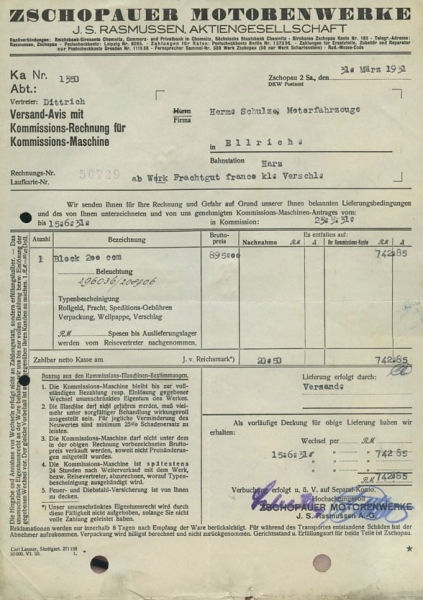 Zschopauer Motorradwerke J.S.Rasmussen (DKW) Rechnung Block 200 1931