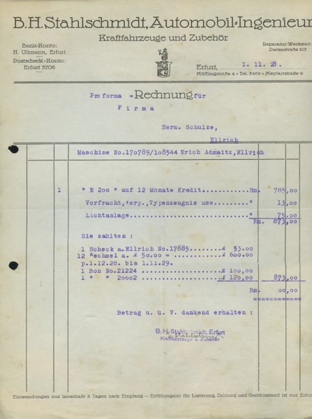 B.H.Stahlschmidt Rechnung DKW E 200 1928