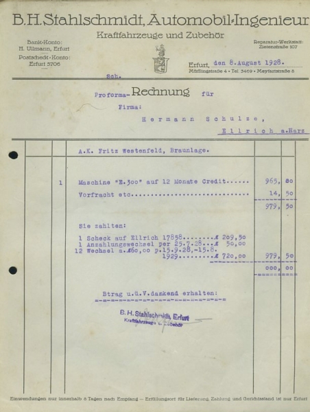 B.H.Stahlschmidt Rechnung DKW E 300 1928