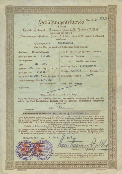 DKW KS 200 Schätzungsurkunde 1939