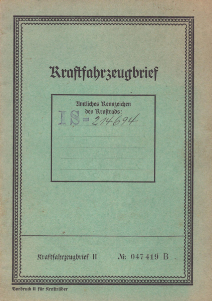 DKW NZ 250 Original Fahrzeugbrief 1938