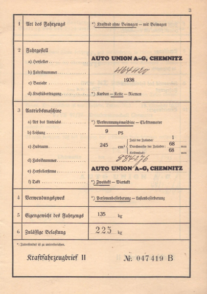 DKW NZ 250 Original Fahrzeugbrief 1938