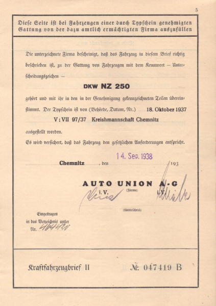 DKW NZ 250 Original Fahrzeugbrief 1938