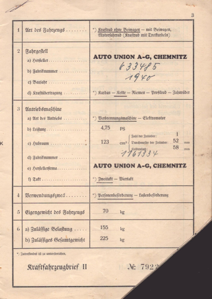 DKW RT 125 Original Fahrzeugbrief 1940