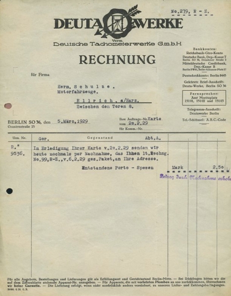 Deuta Werke, Berlin Rechnung von 1929