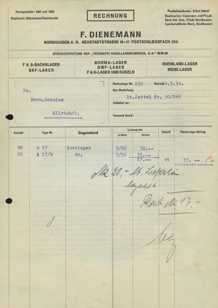 F. Dienemann, Nordhausen Rechnung 1934