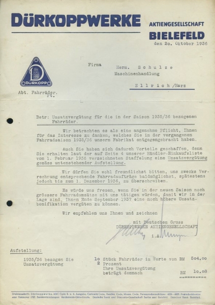 Dürkopp Firmenschreiben von 1933-40