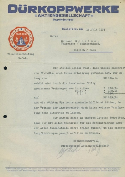 Dürkopp Firmenschreiben Buchhaltung von 1933