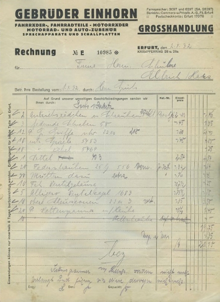 Gebrüder Einhorn, Erfurt Rechnung 1932