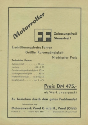 FF 43 ccm Motorroller Prospekt 1950er Jahre