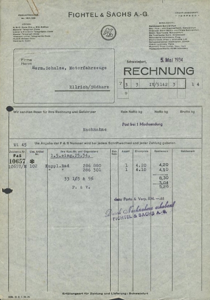 Fichtel & Sachs Rechnung 1934
