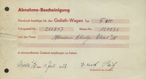 Goliath F 400 Abnahme-Bescheinigung 1938