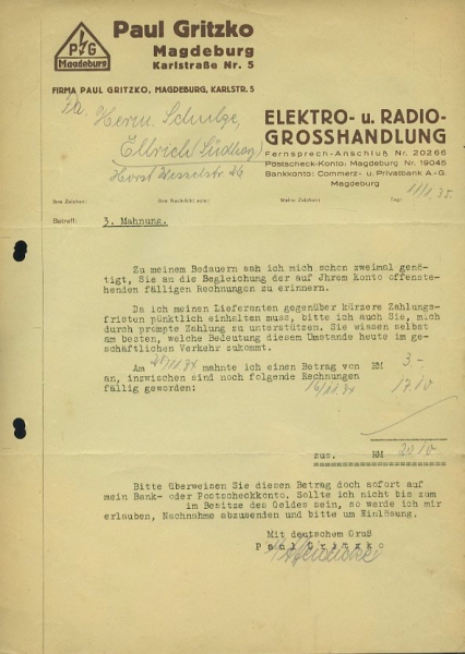 Paul Gritzko, Magdeburg Schreiben 1934/35
