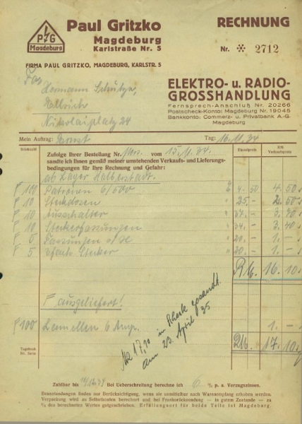 Paul Gritzko, Magdeburg Rechnung 1934