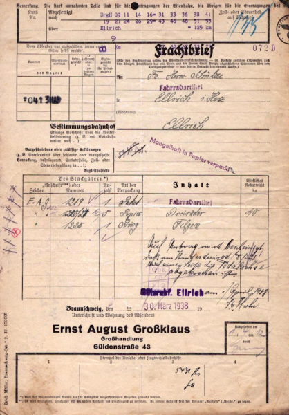 Ernst-August Großklaus Frachtbrief 1930er Jahre