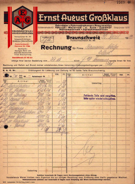 Ernst-August Großklaus Rechnung 1929-1932