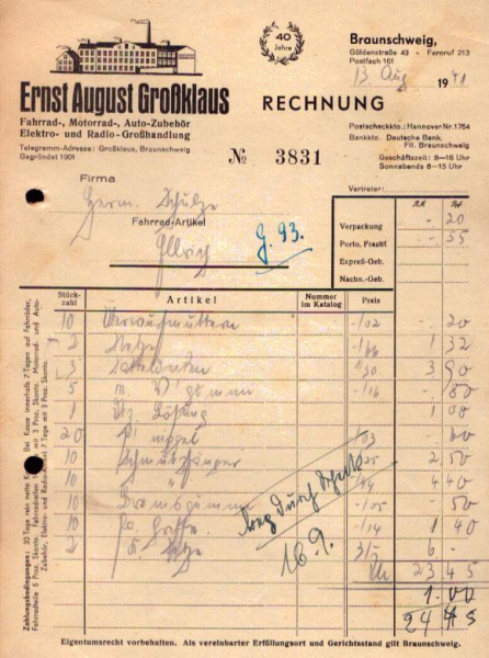 Ernst-August Großklaus Rechnung 1930er Jahre