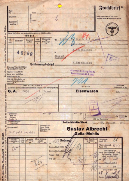Gustav Albrecht, Zella-Mehlis Frachtbrief 1939