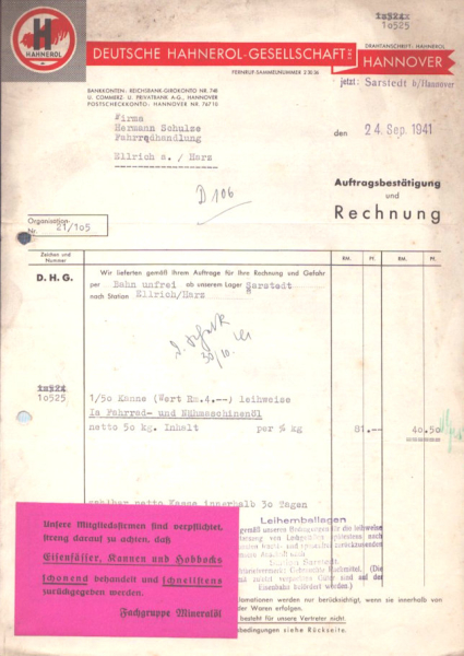 Deutsche Hahnerol Gesellschaft Hannover Rechnung 1941