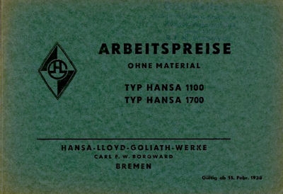 Hansa Typ 1100 1700 Arbeitspreise 1938