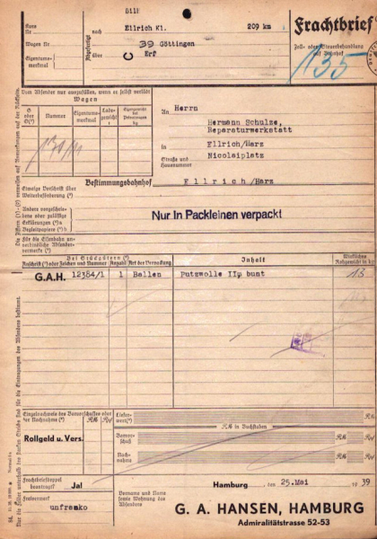 G. A. Hansen Hamburg Frachtbrief 1939