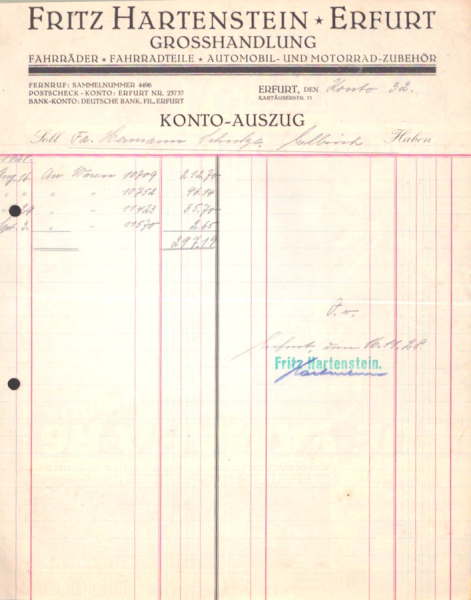 Fritz Hartenstein Erfurt Grosshandlung Kontoauszug 1932