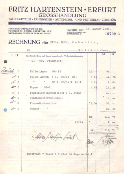 Fritz Hartenstein Erfurt Grosshandlung Rechnung 1928-1930