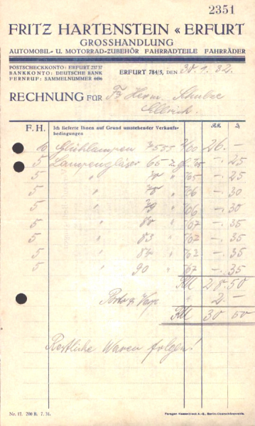 Fritz Hartenstein Erfurt Grosshandlung Rechnung 1930er Jahre