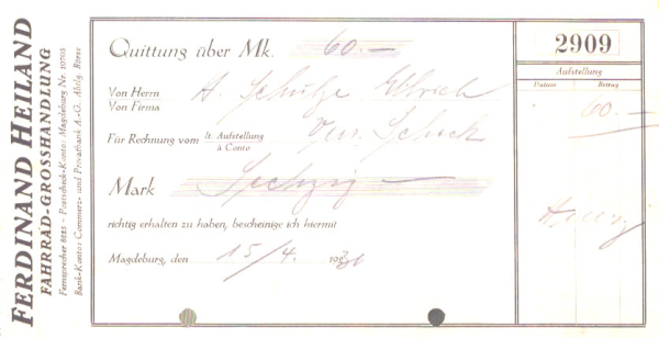 Ferdinand Heiland Fahrrad-Grosshandlung Quittung 1929-1930