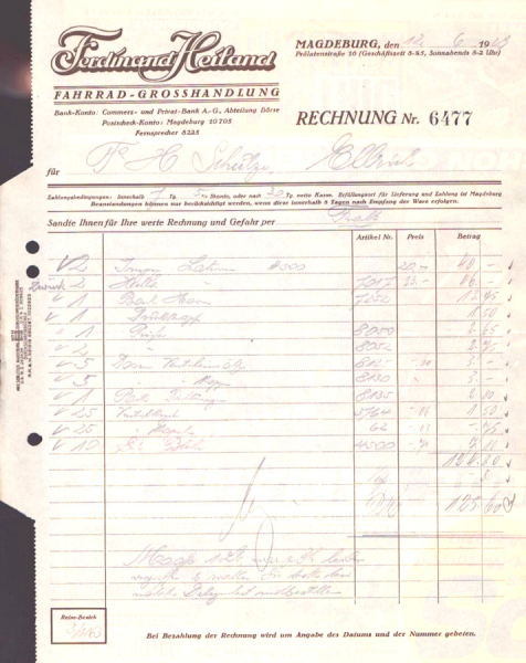 Ferdinand Heiland Fahrrad-Grosshandlung Rechnung 1929