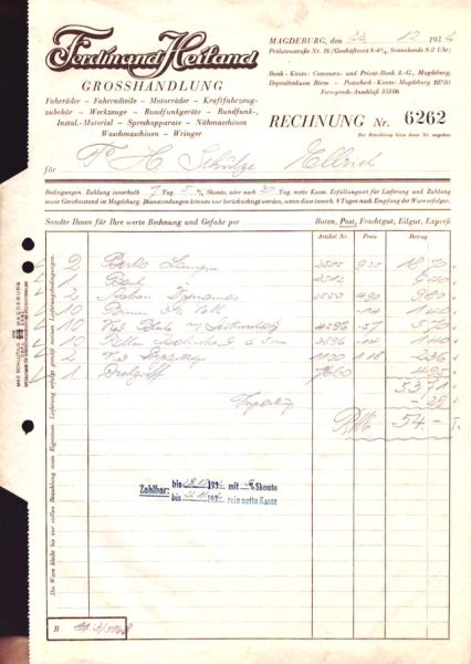 Ferdinand Heiland Fahrrad-Grosshandlung Rechnung 1930-1936