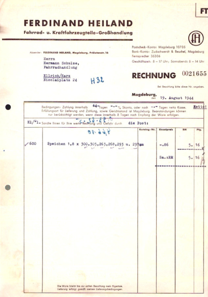 Ferdinand Heiland Fahrrad-Grosshandlung Rechnung 1940-1944
