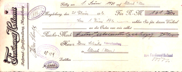 Ferdinand Heiland Fahrrad-Grosshandlung Wechsel 1929-1930