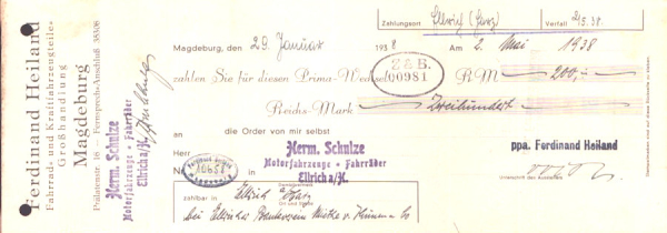 Ferdinand Heiland Fahrrad-Grosshandlung Wechsel 1935-1938