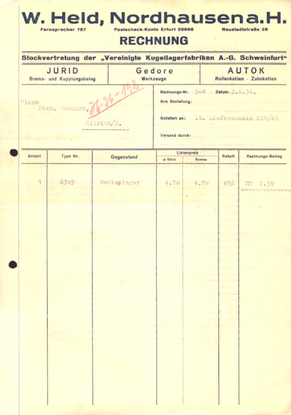 W. Held Nordhausen Rechnung 1936-1940