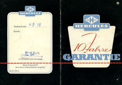 Hercules Warranty Card 1958