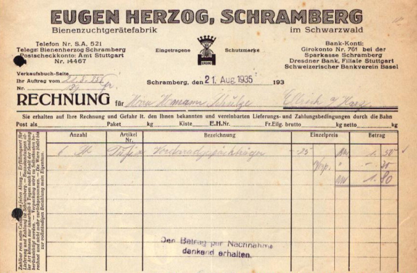 Eugen Herzog Schramberg Rechnung 1935