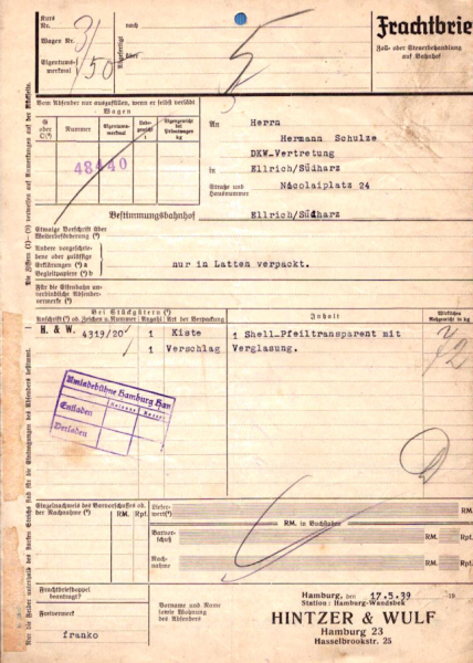 Hintzer & Wulf Hamburg Frachtbrief 1939