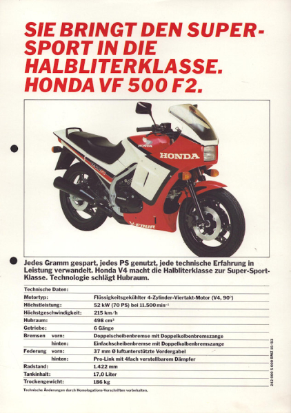 Honda VF 500 F2 Prospekt 10.1983