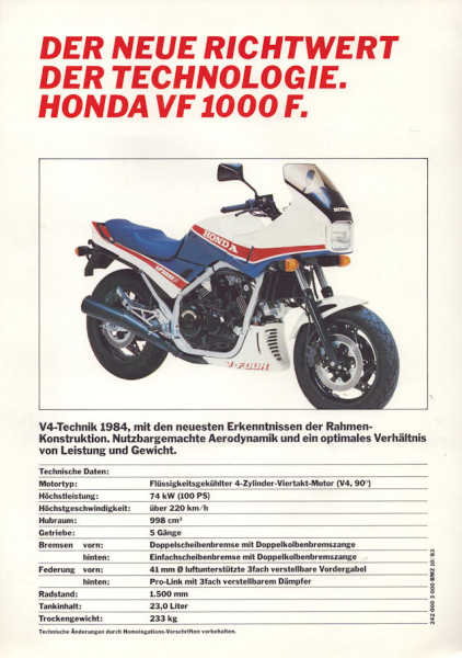 Honda VF 1000 F Prospekt 10.1983