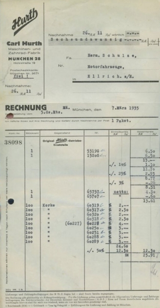 Hurth / München Rechnung von 1935