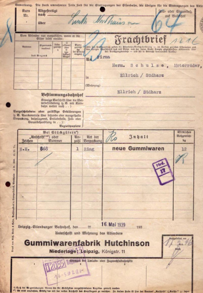 Gummiwarenfabrik Hutchinson Frachtbrief 1939