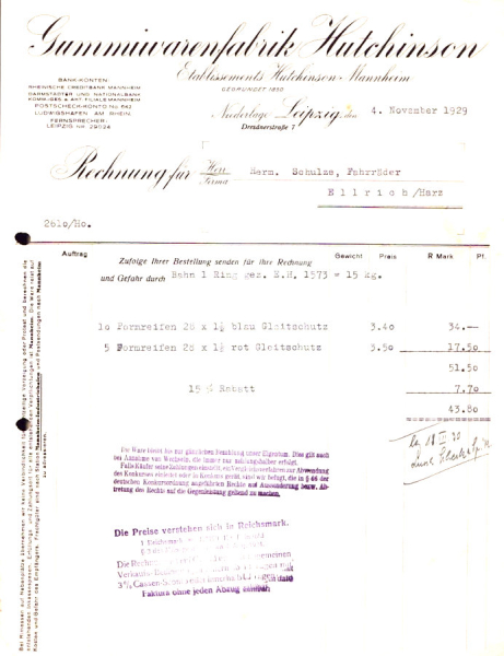 Gummiwarenfabrik Hutchinson Rechnung 1929