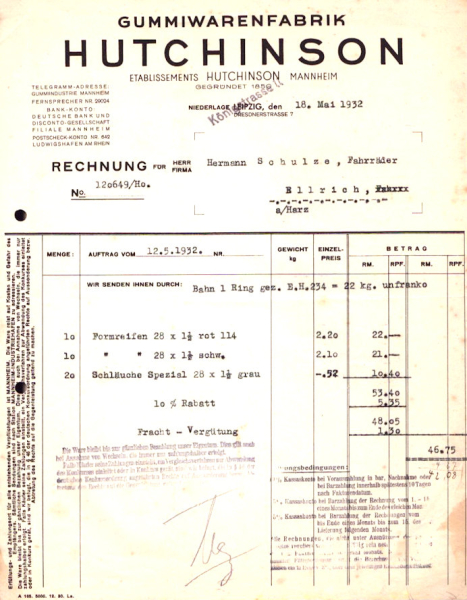Gummiwarenfabrik Hutchinson Rechnung 1930-1932