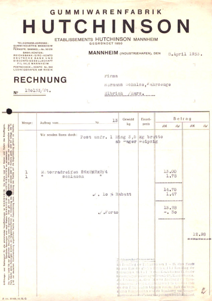 Gummiwarenfabrik Hutchinson Rechnung 1933