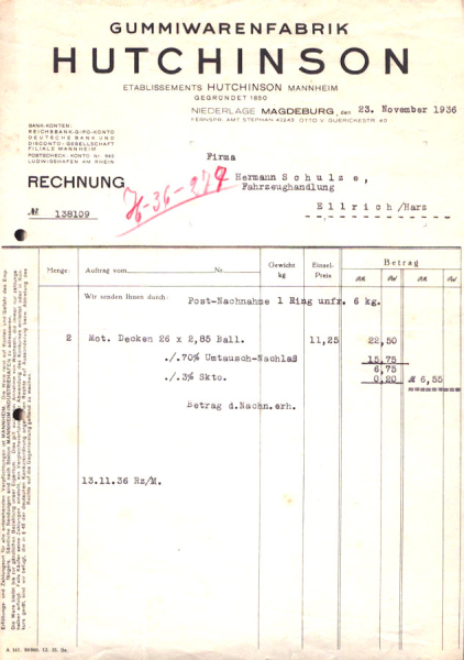 Gummiwarenfabrik Hutchinson Rechnung 1933-1936