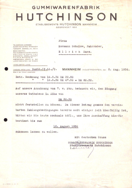Gummiwarenfabrik Hutchinson Schreiben 1932-1936