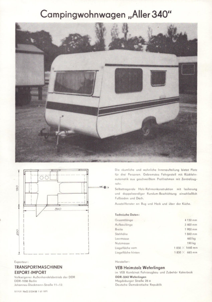 IFA Wohnwagen Aller 340 Prospekt 1988