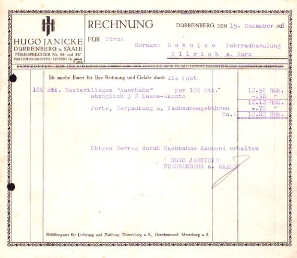 Hugo Jänicke Dürrenberg / Saale Rechnung 1928