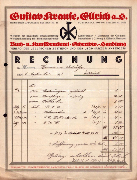 Gustav Krause Elrich Rechung 1928